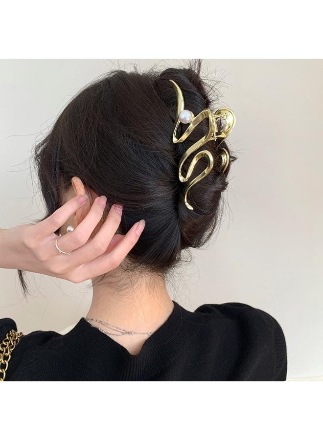 CLENEA 1Pcs Large Hair Claw Clips,Metal Snake Wave Hair Clips with Pearl Design,Strong Hold Hair Jaw Clips for Thick or Thin Hair,Irregular Wave Hair Clamp,No-slip Grip Clips for Women (Gold) - Image 3